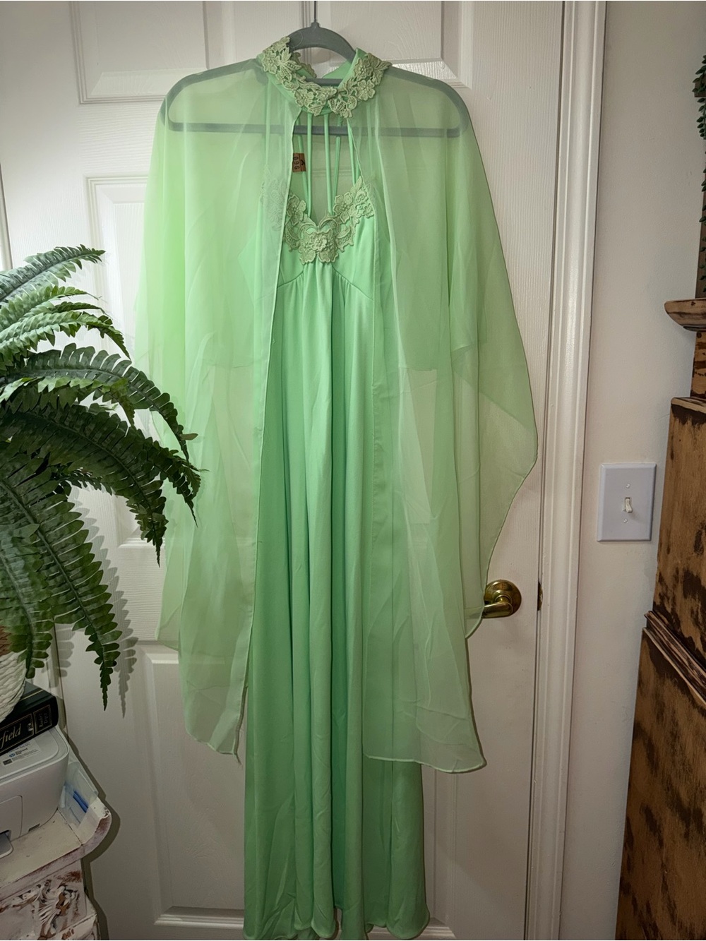 Mint Green Sheer Cape Wedding Dress — Elegant Floral Neckline